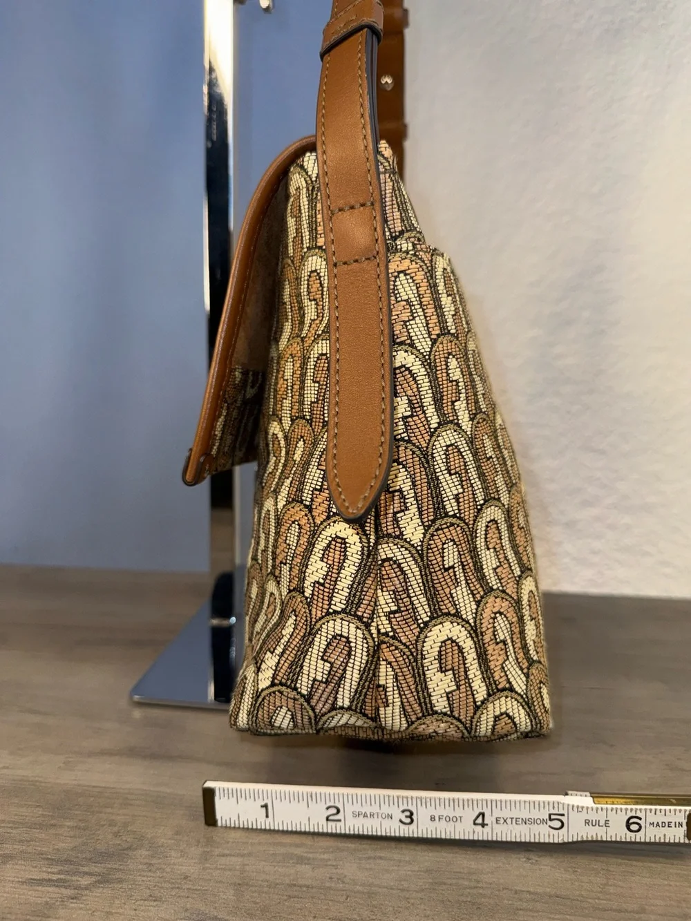 Furla Charlie Signature Monogram Jacquard Canvas Shoulder Bag Brown NWT